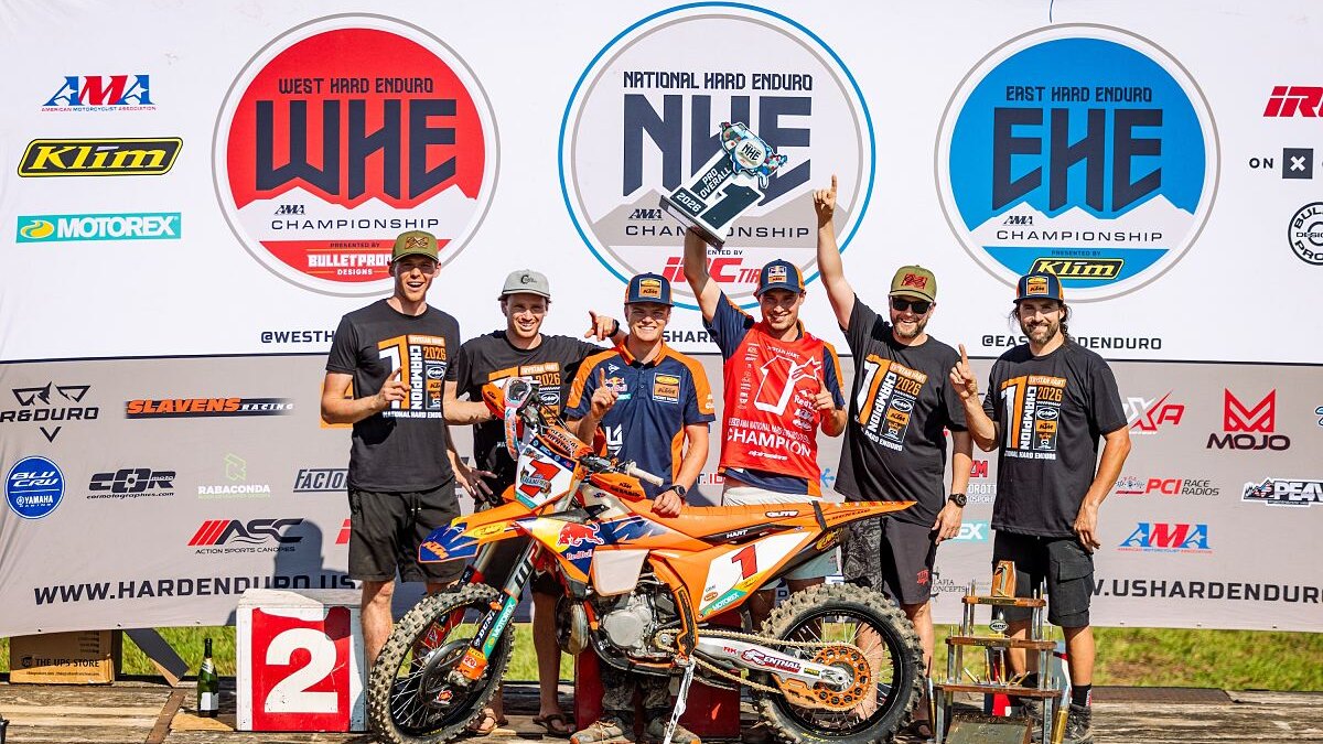 Trystan Hart and the FMF KTM Factory Racing team celebrate the 2026 AMA National Hard Enduro title on the Hollow Point podium, Wellsville, Ohio