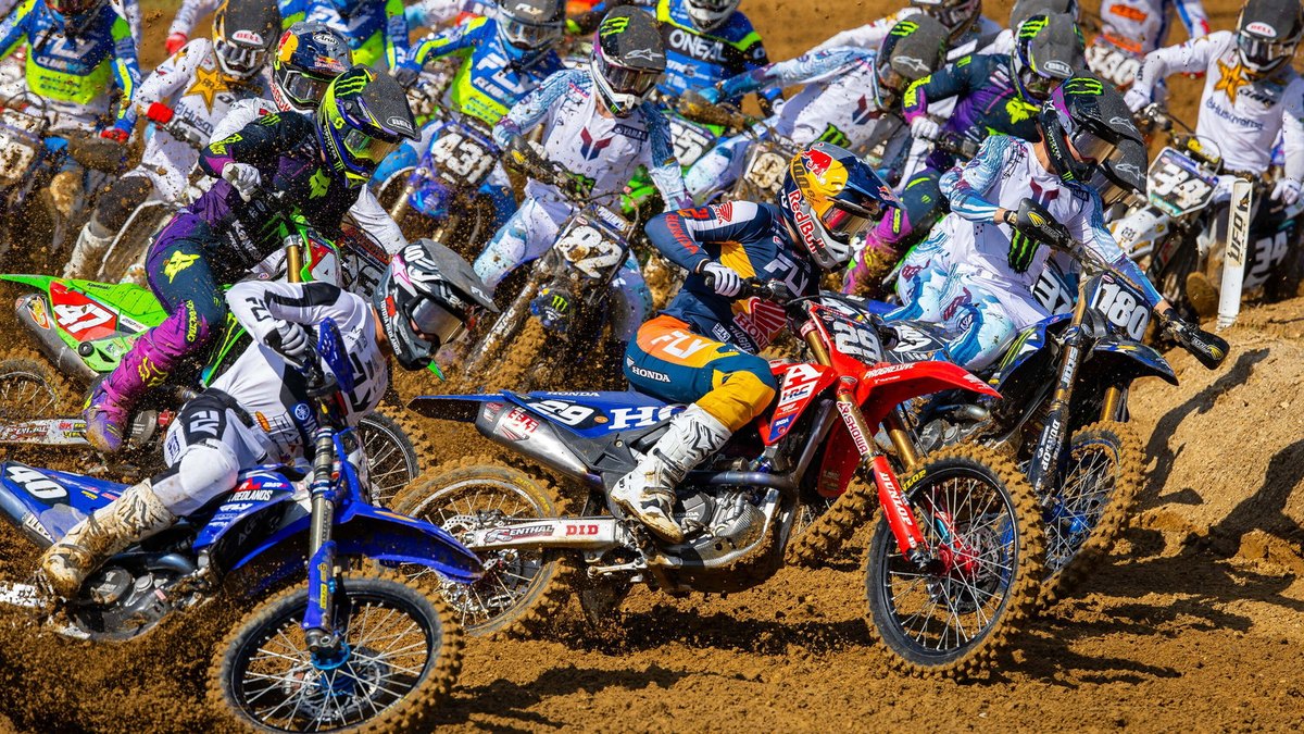 Pro Motocross pack through the first turn at the 2026 Budds Creek National