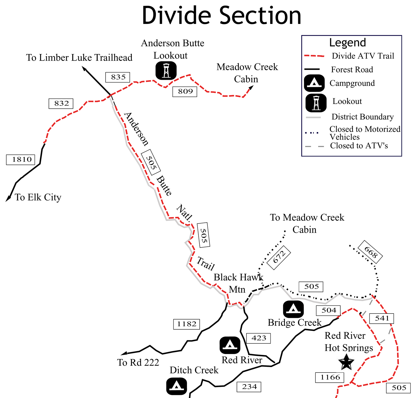 Forest Service map titled Divide Section with Divide Trail 505 labeled near Black Hawk Mountain and Trails 672 and 504