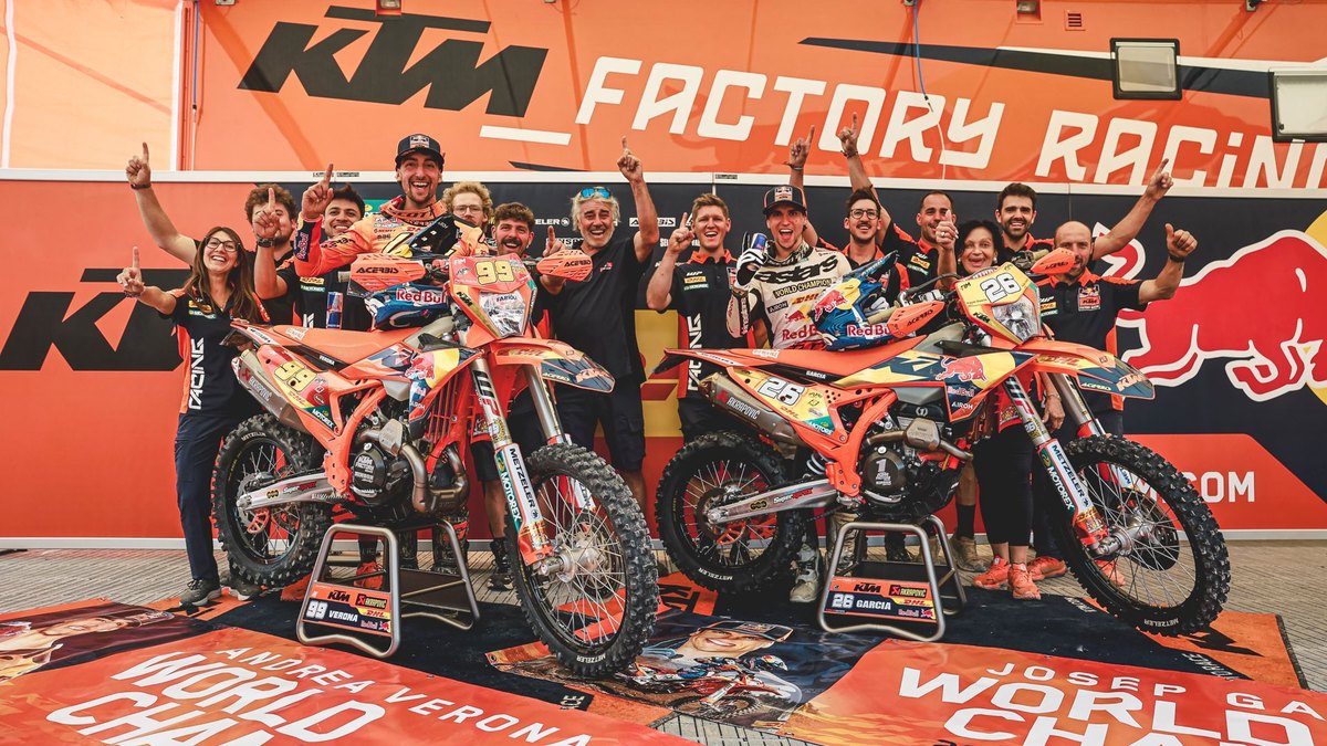 Red Bull KTM Factory Racing celebrates Andrea Verona's Enduro2 and Josep Garcia's EnduroGP world titles at the 2026 GP of Wales finale in Rhayader