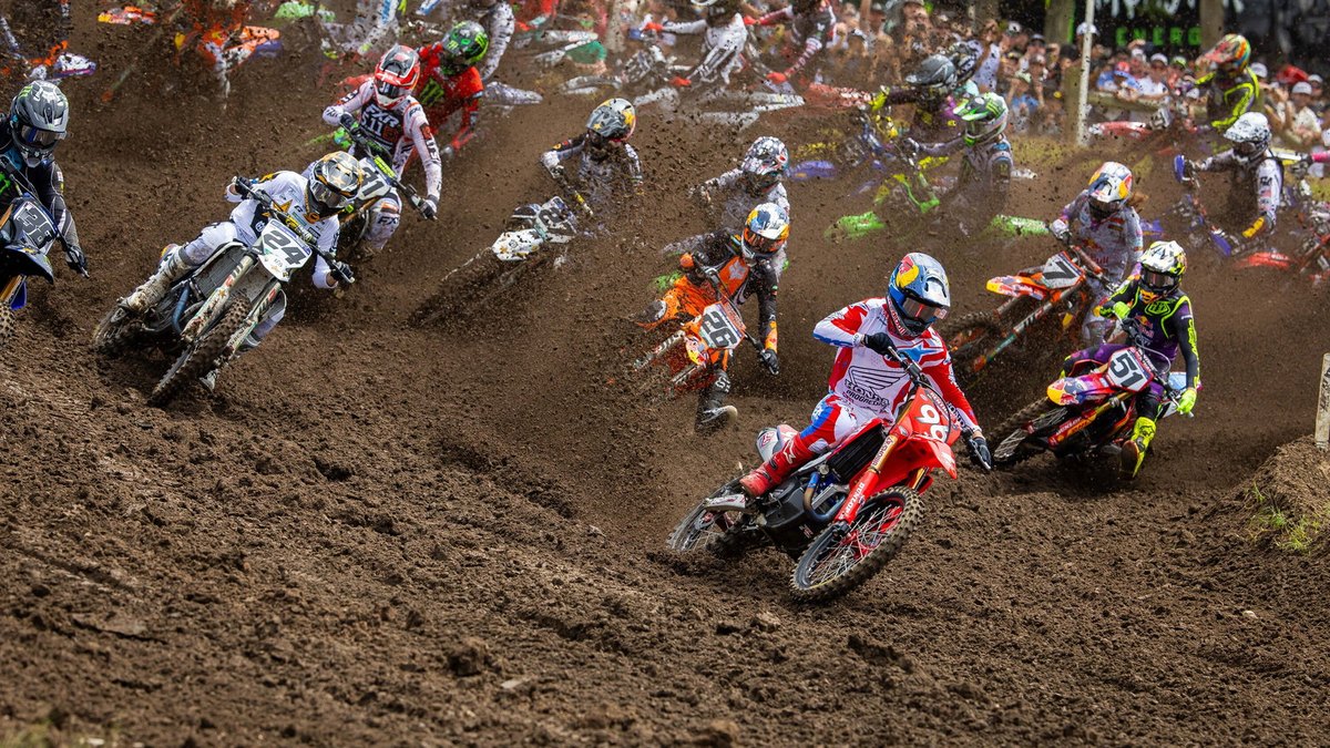 Pro Motocross pack through the first turn at the 2026 Ironman National