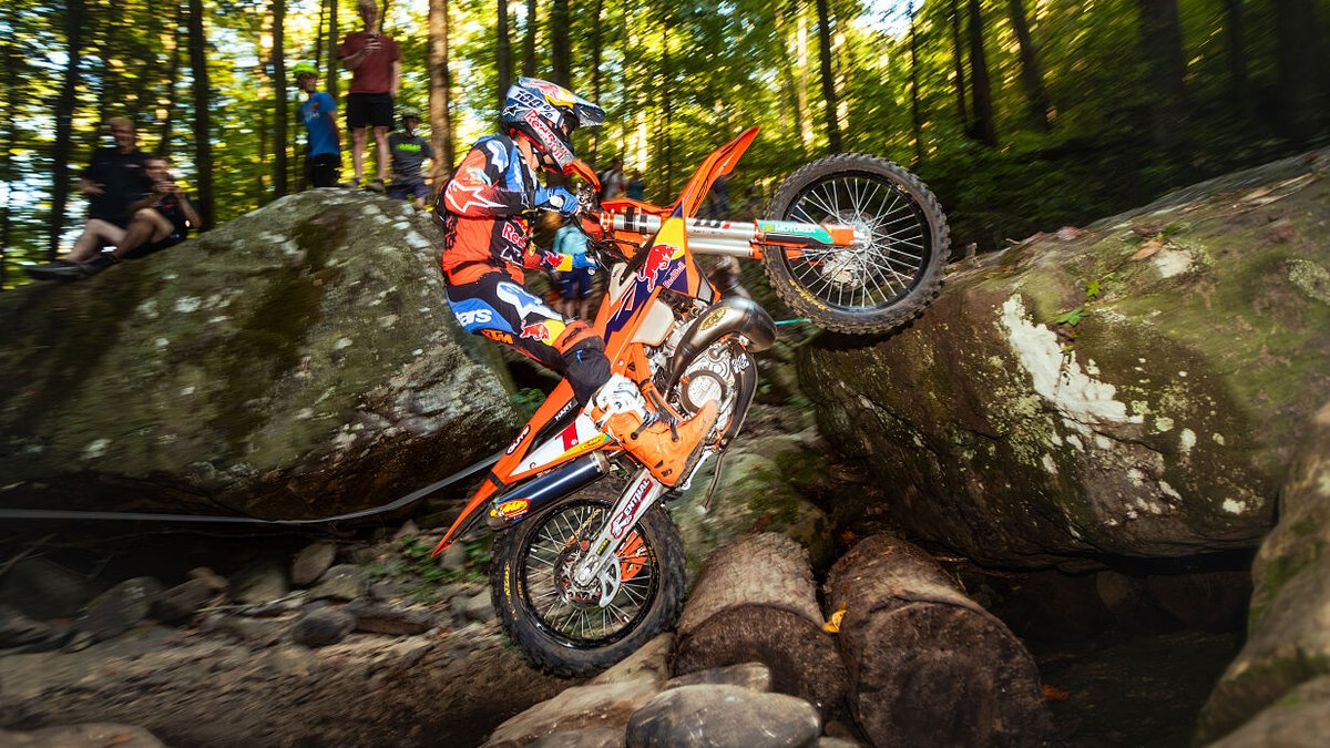 Trystan Hart, FMF KTM Factory Racing, lifts the front wheel over a rock and log step at the 2026 Red Bull TKO