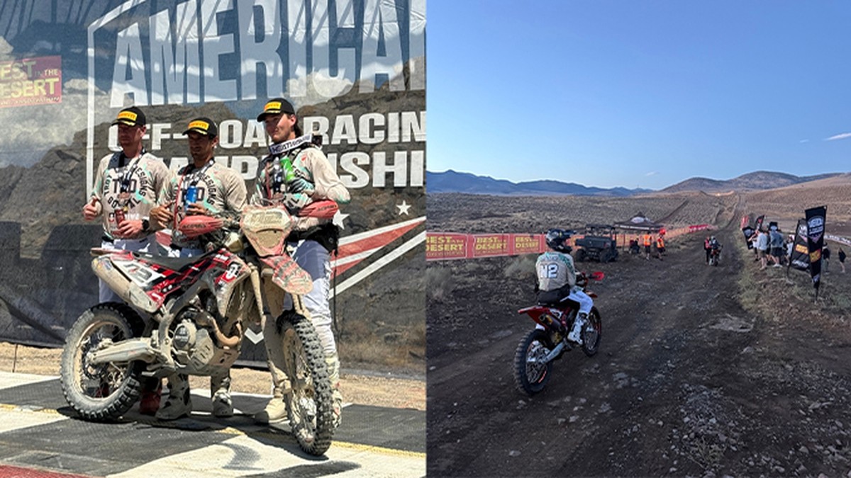 Hero Racing Ducati riders on the American Off-Road Racing Championship podium with the Desmo450 EDX, and the No. 12 Ducati arriving at the 2026 Vegas to Reno finish