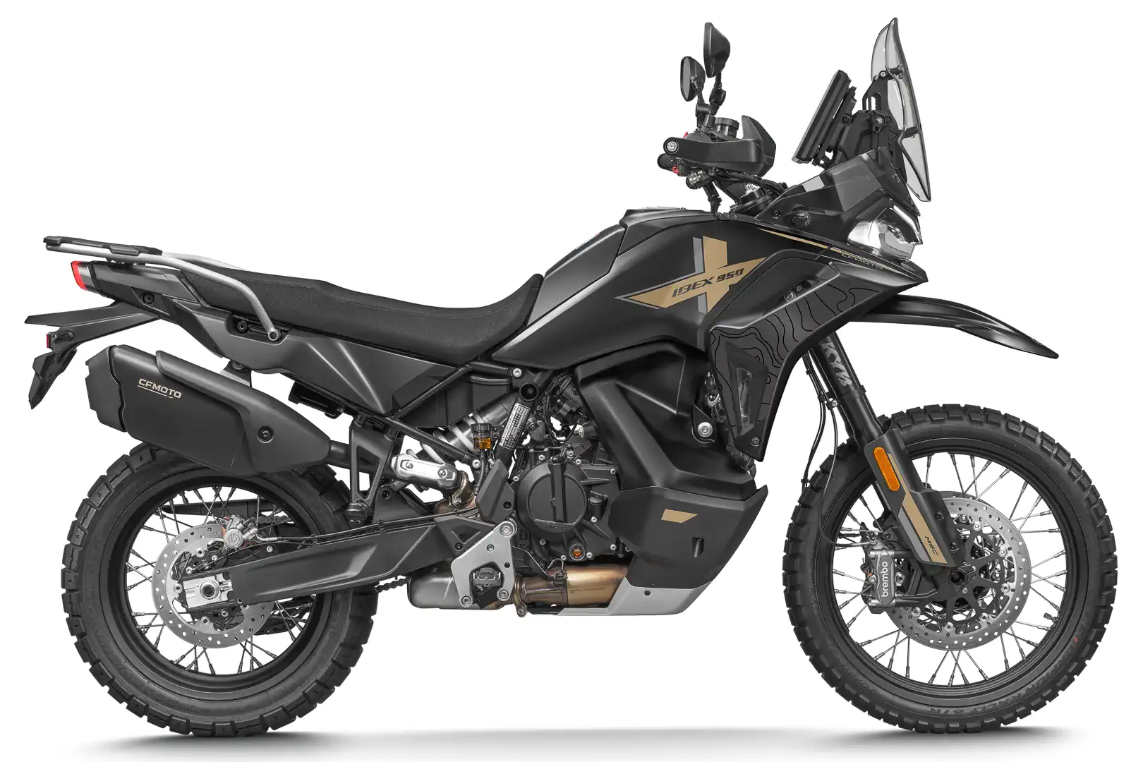 2027 CFMoto Ibex 950 Nebula Black studio side — IBEX 950 tank badge, 21/18 wheels
