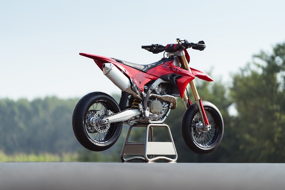 Desmo450 SM rear three-quarter on track