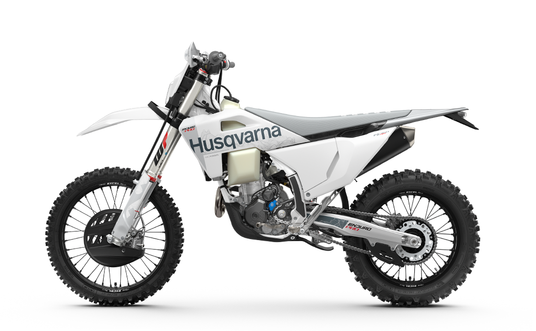 Husqvarna FE 350 Pro enduro bike, left-side studio view, white Pro bodywork and black wheels