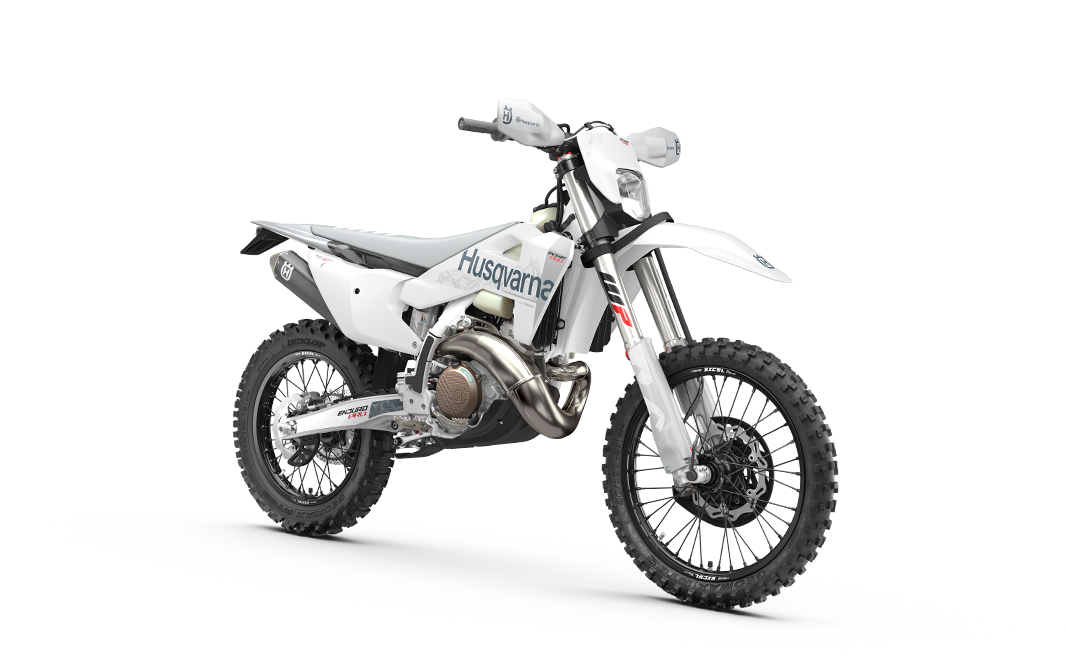Husqvarna TE 300 Pro enduro bike, front three-quarter studio view from the right, white Pro bodywork and LED headlight mask