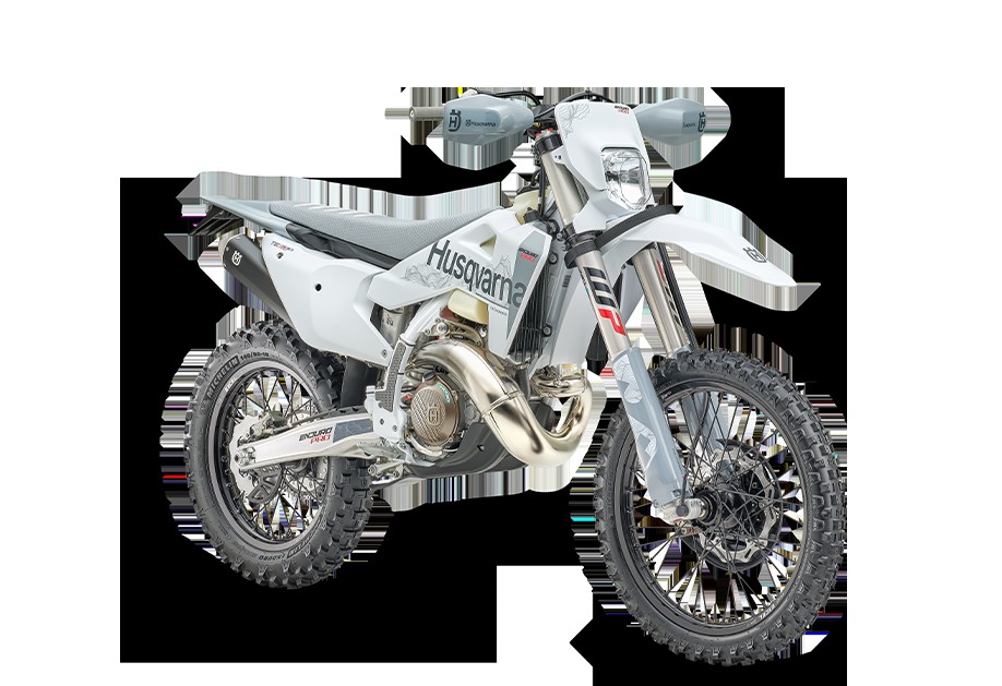 2027 Husqvarna TE 300 Pro three-quarter front — LED mask, Pro graphics, Factory wheels