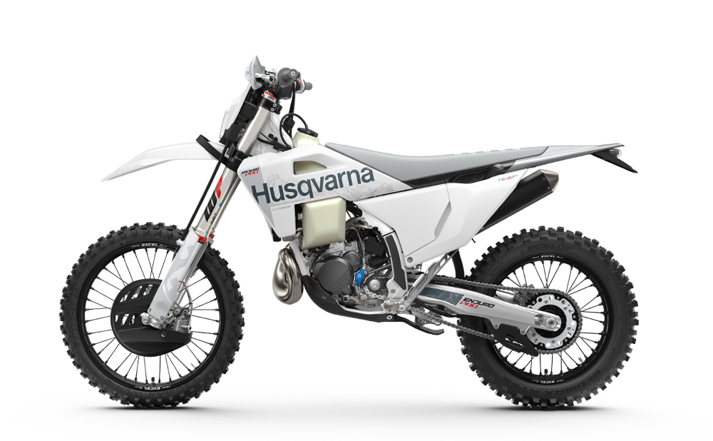 Husqvarna TE 300 Pro enduro bike, left-side studio view, white Pro bodywork and black wheels
