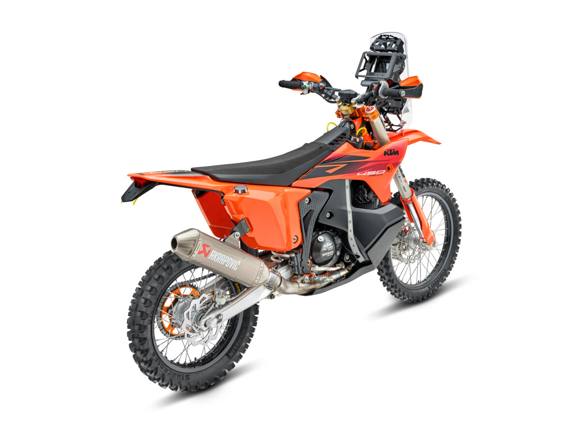 2027 KTM 450 Rally Replica front three-quarter studio — windscreen and LED headlight