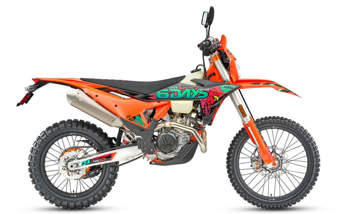 2027 KTM 500 EXC-F 6Days — Portugal centenary graphics, orange-frame plated enduro, studio right-side