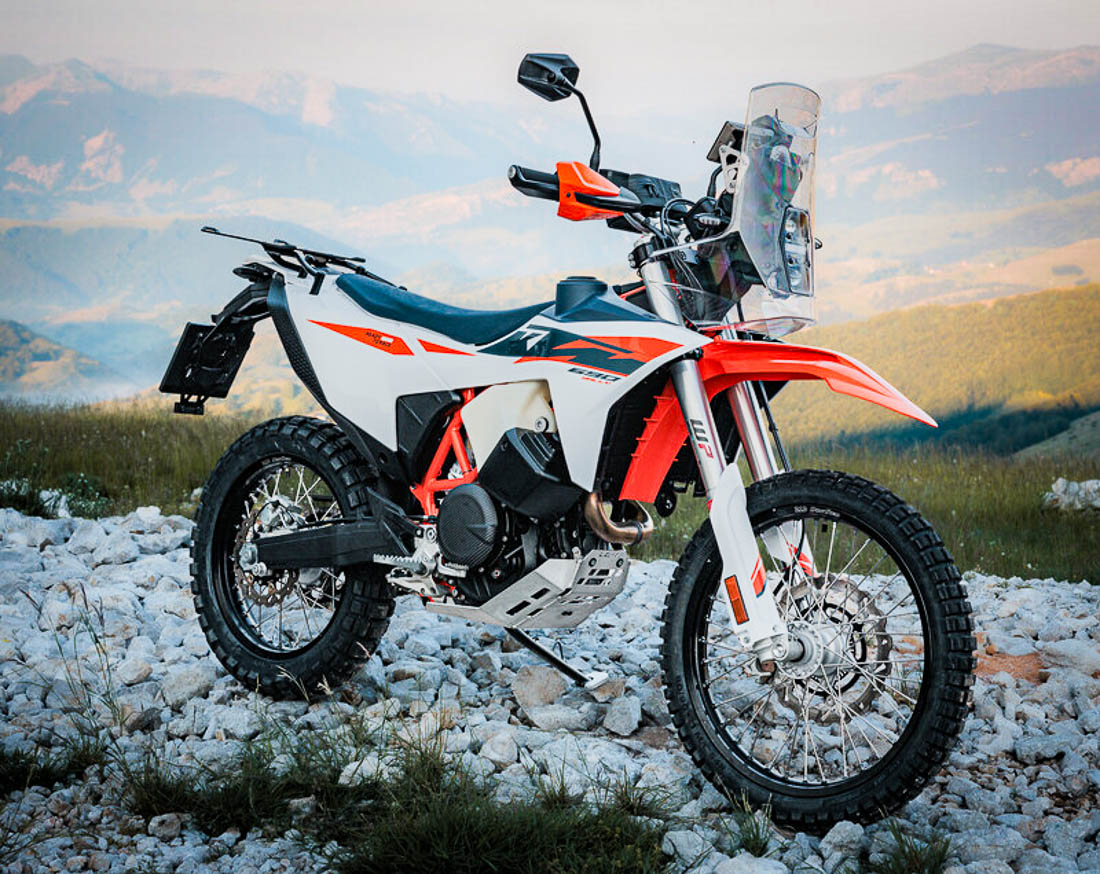 2027 KTM 690 Rally product static — rally tower and dual front tanks visible (KTM press)