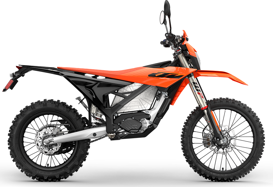 2027 KTM Freeride E right-side studio — orange bodywork, 21/18 wheels, BRAKTEC discs