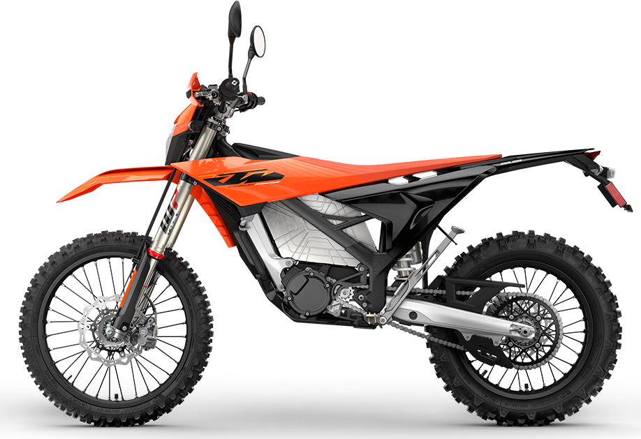 2027 KTM Freeride E left-side studio — swappable MX50 battery silhouette, WP fork