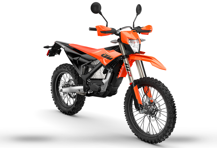 2027 KTM Freeride E front three-quarter — Neken bars with dual brake levers, LCD dash