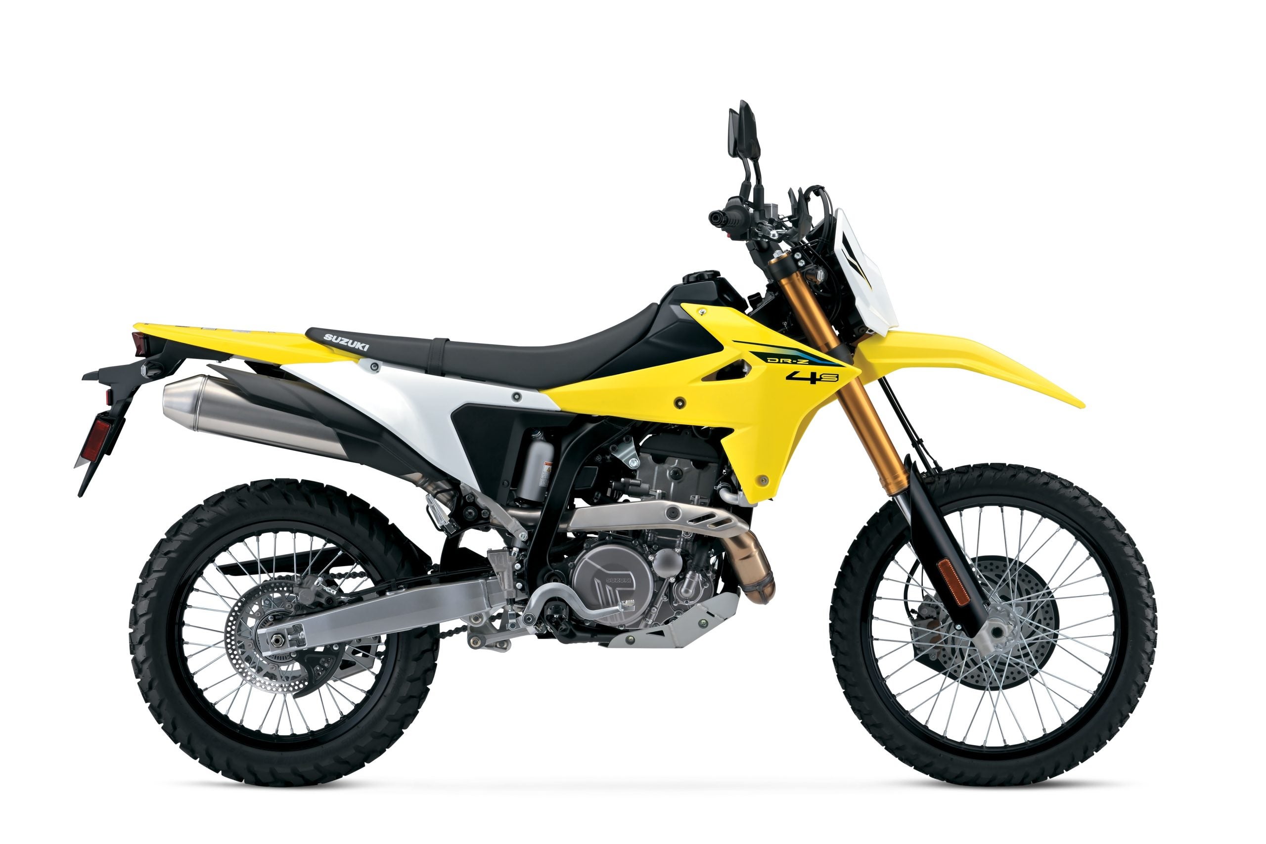 2027 Suzuki DR-Z4S Champion Yellow right profile on white — ADV Rider redistribution