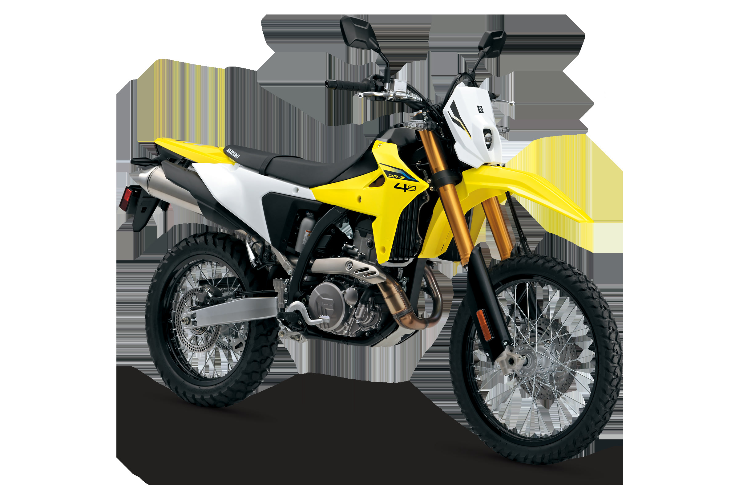 2027 Suzuki DR-Z4S Champion Yellow dual-sport — studio three-quarter, knobby 21/18 wheels, KYB inverted fork