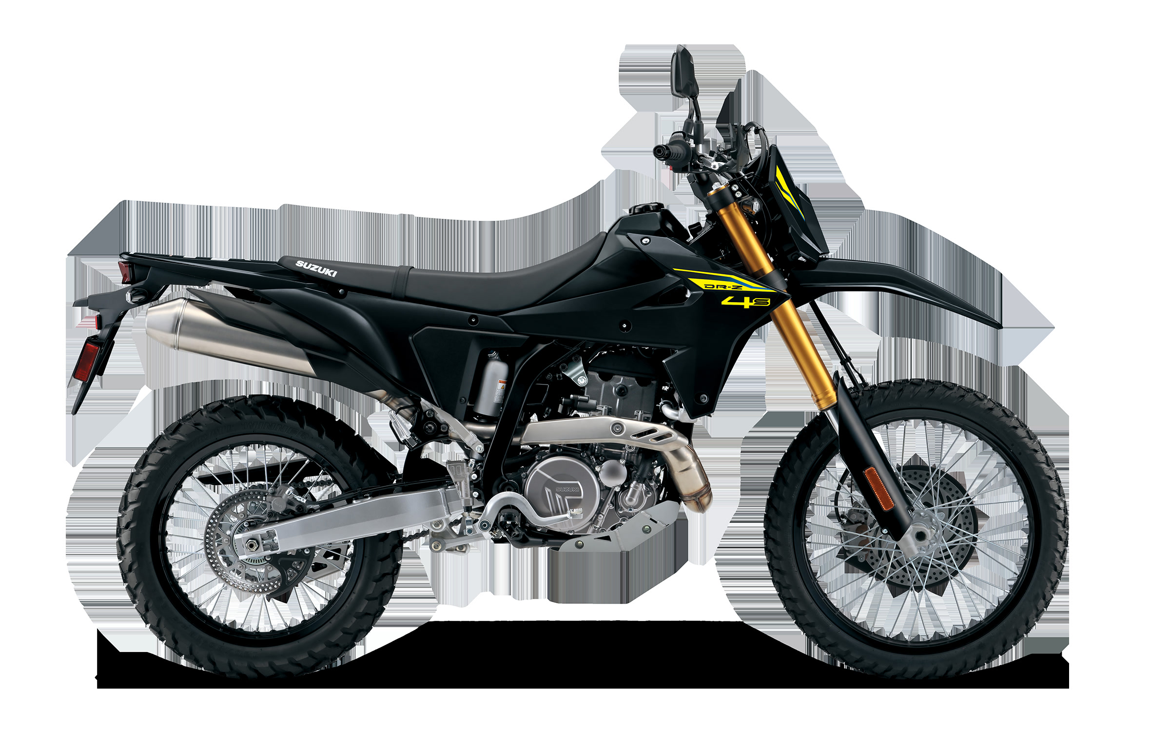 2027 Suzuki DR-Z4S+ with factory skid plate and handguards — Solid Black