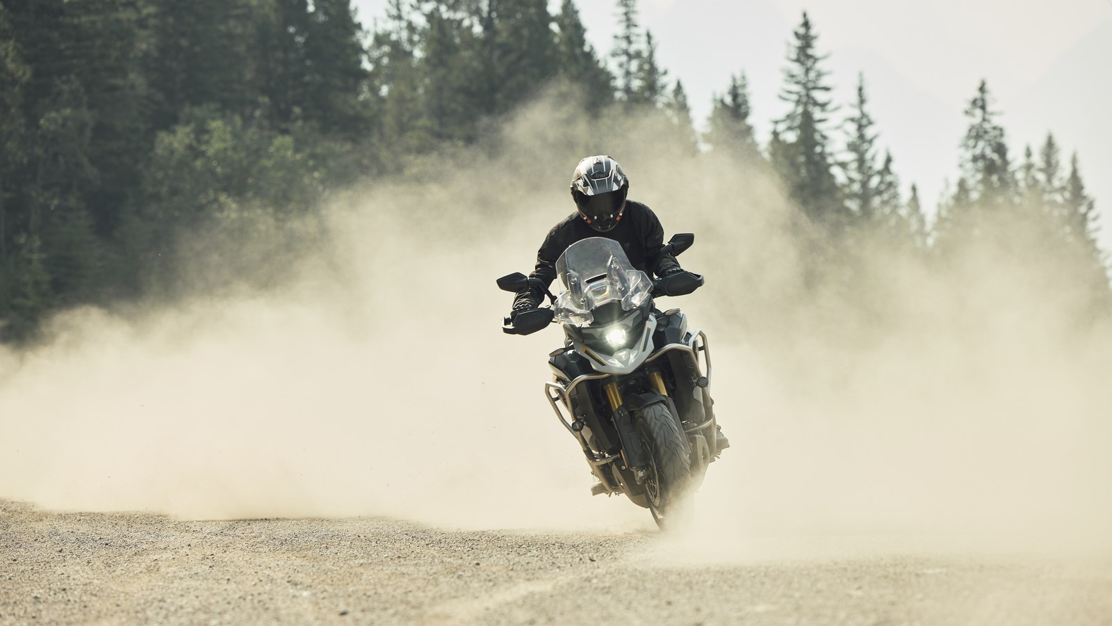 Rider in a black jacket and helmet on a Triumph Tiger 1200 with crash bars, riding toward the camera on a gravel road as dust billows around the bike, with pine trees behind