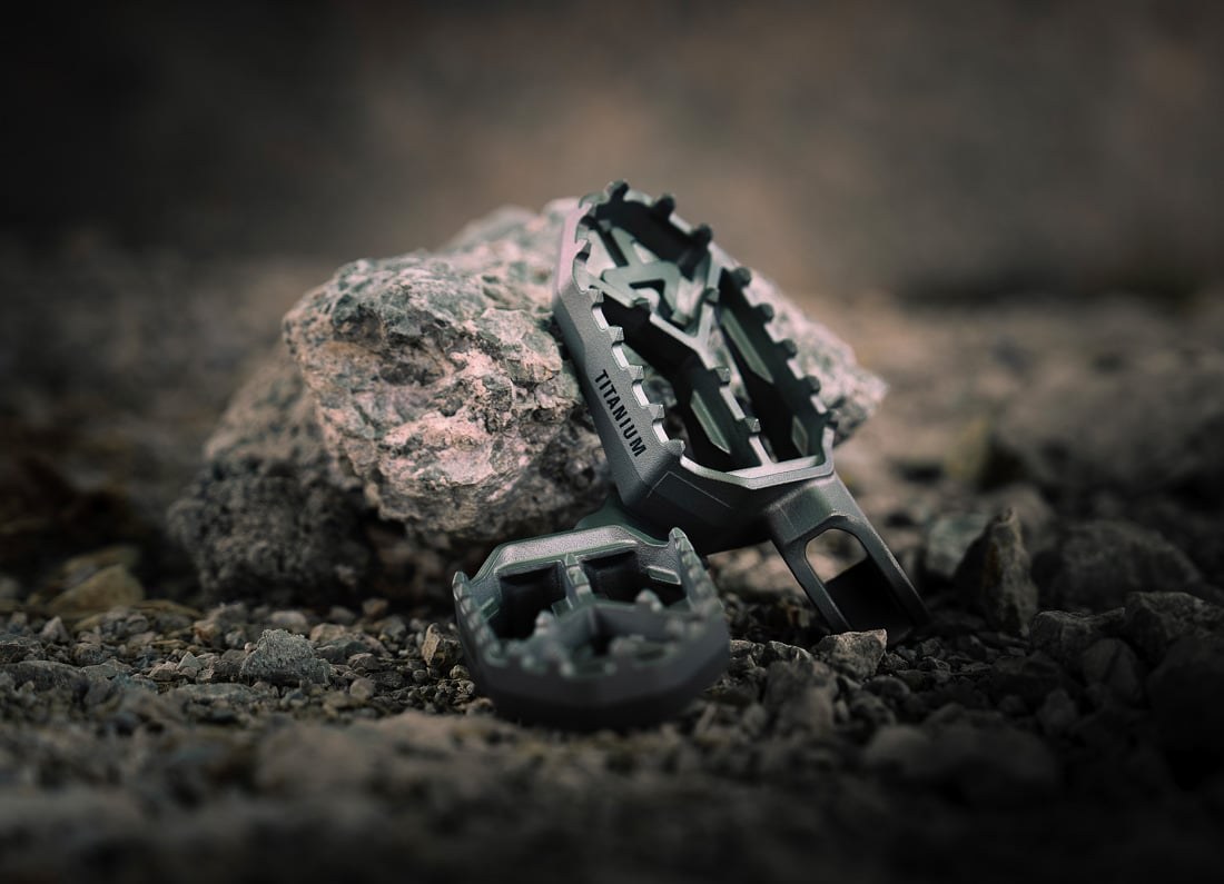 Akrapovič adventure titanium footpegs product photography
