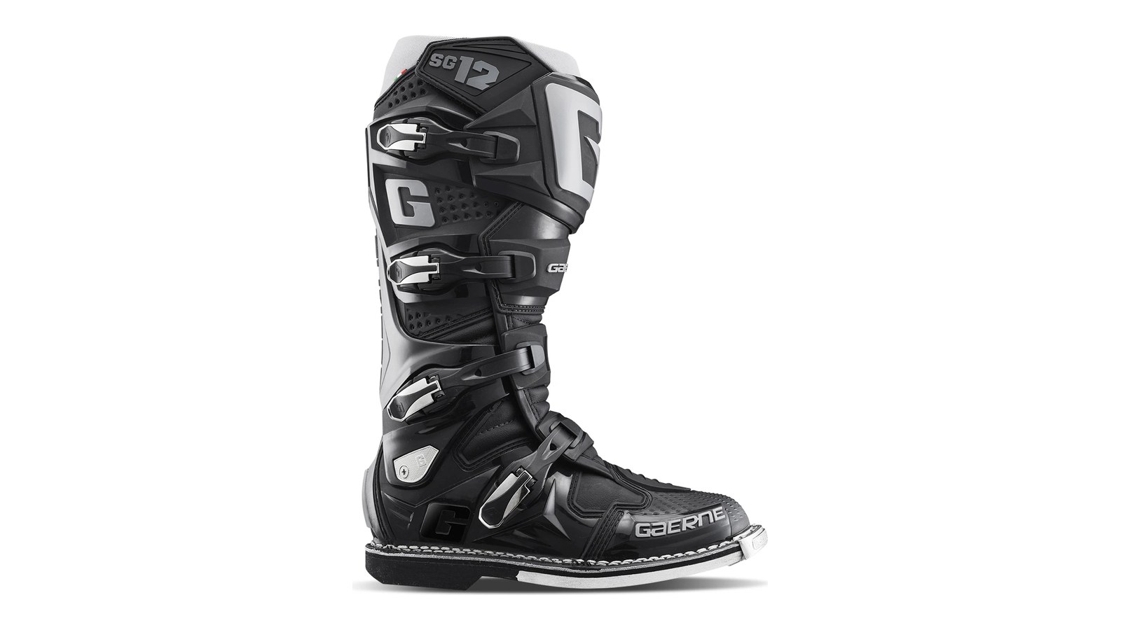 Black Gaerne SG-12 off-road boot with four buckles and SG12 logo on the upper, side view on a white background