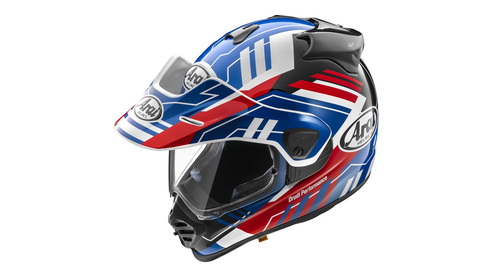 Arai XD-5 dual-sport helmet in blue, red and white with peak and clear face shield, three-quarter front view on a white background