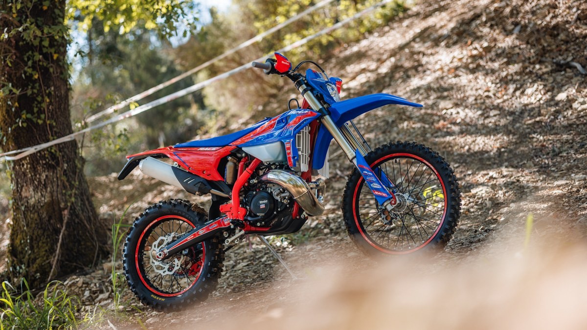 Beta RR Race two-stroke enduro on dirt with expansion chamber