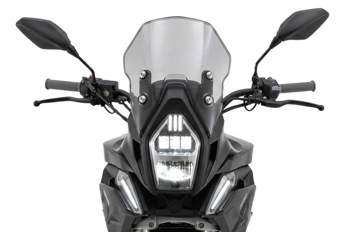 Bultaco Rally GT 300 front headlight and windscreen — stacked LED array and cockpit close-up