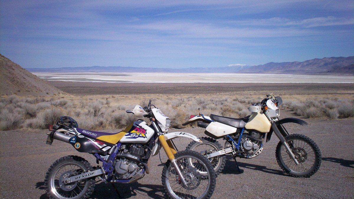 Suzuki DR650 and DR350 dual-sport motorcycles parked on a desert dirt road